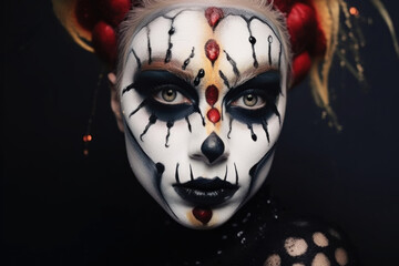 Portrait of beautiful woman with face painting. Halloween makeup. Creative face art, carnival and fashion concept. Generative AI
