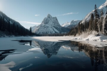 Fototapeta na wymiar Beautiful winter lake with mountain in the background
