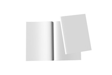 Open and closed blank magazine book on transparent background, top view. Mock-up for design