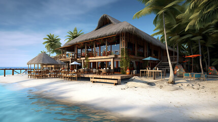 Restaurant on a paradise, exotic, sandy beach. Seychelles, Maldives, Hawaii. Ai illustration, fantasy digital painting, Generative AI