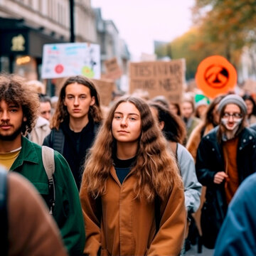 protest march in the street of a city, generative ai