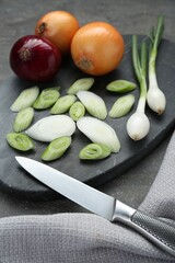 Board with different kinds and knife of onions on grey table, closeup