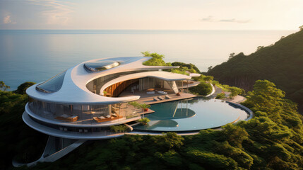a gorgeous futuristic cantilever Circular Arc shaped Villa on seaside mountains in Ko Samui, commercial street gradually winds up along slope from the bottom to halfway up the mountainside - obrazy, fototapety, plakaty