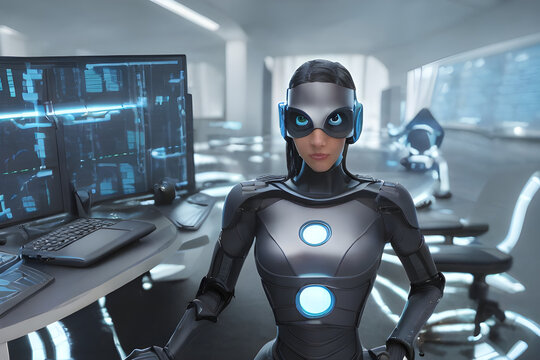 Futuristic cyber security expert amidst computers, analyzing data streams, holographic cyber threats
