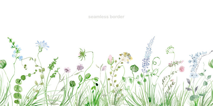 Wildflower border, watercolor illustration. seamless border with wildflowers and butterflies. Filed flowers header. border with green grass and wildflowers.horizontal border for card, border, banner