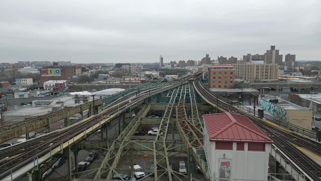 Aerial View of Elevated Subway Train Arriving to Atlantic Avenue Station in Brooklyn