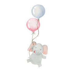 Elephant on a balloon watercolor illustration isolated on white background.