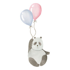 Panda on a balloon watercolor illustration isolated on white background.