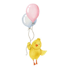 Chicken in a balloon watercolor illustration isolated on white background.
