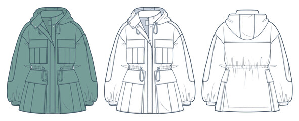 Parka Jacket technical fashion Illustration. Hooded Drawstring Jacket fashion flat technical drawing template, button, oversize, front, back view, white, green, women, men, unisex CAD mockup set.  © Liubov Hladka