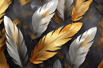 3d art wallpaper. golden, brown, yellow, black and gray leaves, feathers. In drawing gray light background with golden dots 