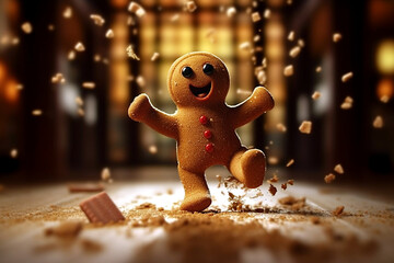 Gingerbread man running and losing crumbs. Christmas content. Ai illustration, fantasy digital painting, Generative AI