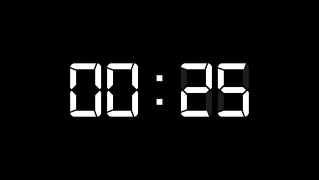 Digital countdown 30 seconds motion graphics with plain black background