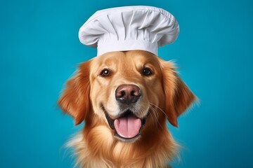 Generative Ai content. Dog in a chef's hat on a blue background. Golden Retriever in chef costume for restaurant, cafe or banner Design. Front view. The concept of pets as people.