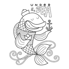 Illustration in black and white of a funny fish, with a tattoo on its fin and holding an anchor in the other, coloring page