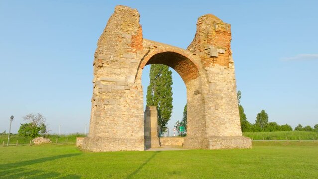 Majestic Roman Triumphal Arch Heidentor In Carnuntum, Austria. low angle, arc shot