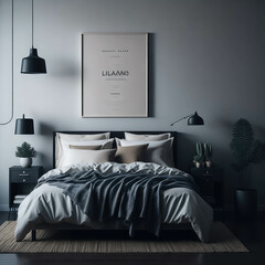 Cozy Neutral Color Interior Bedroom, Large bed,  Mock up Poster Frame Art, Nature Feeling, Green Plant, Soft Light, Carpet, Wood Side tables generative Ai