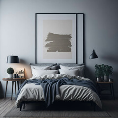 Cozy Neutral Color Interior Bedroom, Large bed,  Mock up Poster Frame Art, Nature Feeling, Green Plant, Soft Light, Carpet, Wood Side tables generative Ai