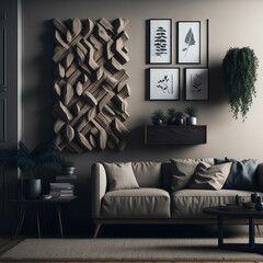Classy Clean Living Room Interior, Large Wood Panel Art On Wall, Cozy Sofa,  Green Plants, Decoration,  Side table, Soft Light Generative Ai