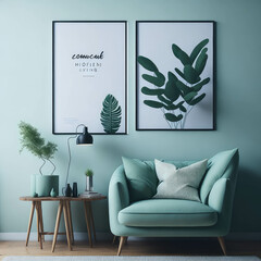Classy  Living Room Interior, sage Green Mock up Poster Frame Art On Wall, Cozy Sofa,  Green Plants, Decoration,  Side table, Soft Light Generative Ai