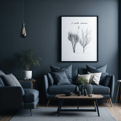 Stylish  Living Room Interior, grey Color, Mock up Poster Frame Art On Wall, Cozy Sofa,  Green Plants, Decoration,  Side table, Soft Light Generative Ai