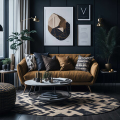 Stylish  Dark Tone Living Room Interior, Mock up Poster Frame Art On Wall, Cozy Sofa with Pillows,  Green Plants, Decoration,  Side table, Soft Light Generative Ai