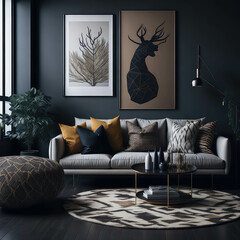 Stylish  Dark Tone Living Room Interior, Mock up Poster Frame Art On Wall, Cozy Sofa with Pillows,  Green Plants, Decoration,  Side table, Soft Light Generative Ai