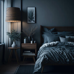  Dark  Neutral Color Interior Bedroom, Large bed, Nature Feeling, Green Plant, Soft Light, Carpet, Wood Side tables generative Ai