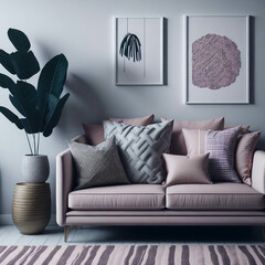 Modern Color Pink, White, Grey Stylish Living Room Interior, Cozy Sofa With Pillows, Mock Up Art Poster frame, Pattern shag Rug, Green Plant, Soft light Generative Ai