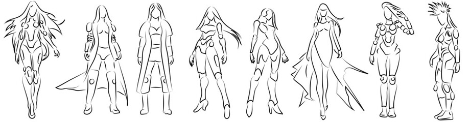 Fototapeta na wymiar 8 Lineart Zeichnungen Cyberpunk Frauen | Drawings Robotic Android Woman