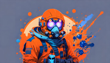 A Man in a Gas Mask with a Gun in Hand, Backlit by a Blue and Orange Glow, Generative AI