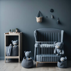 Scandinavian Baby Boy room, Blue color Wall,  Stars And Decoration, Wooden Cradle, Toys, Parquet Floor, Soft Light Generative Ai