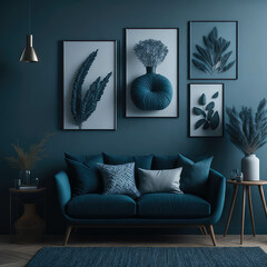 Modern Color Tone Living Room , Nice Cozy Couch With Pillows, Pot Plants and Dry Flowers decoration, Mock Up Poster frames Art On wall, Calm and warm Feeling, Soft Light Generative Ai