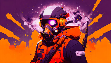 A Man in a Gas Mask with a Gun in Hand, Backlit by a Blue and Orange Glow, Generative AI