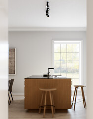 The interior of a light minimalist kitchen-studio with a wooden island. Kitchen with bar stool and black marble top with large window and appliances. Black faucet and stove on the island. 3D rendering