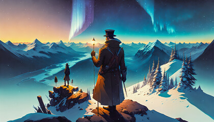 Fototapeta premium The Old Man Gazes at the Sky, Shimmering with the Northern Lights, Generative AI.