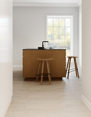 The interior of a light minimalist kitchen-studio with a wooden island. Kitchen with bar stool and black marble top with large window and appliances. Black faucet and stove on the island. 3D rendering