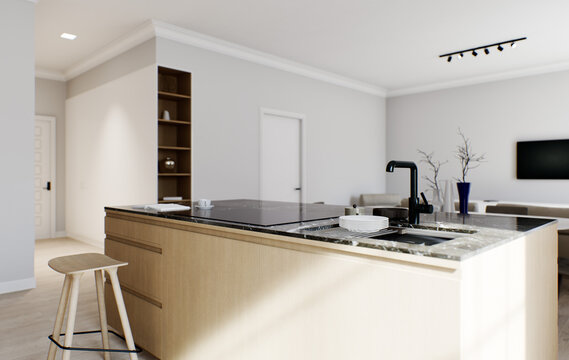 The interior of a light minimalist kitchen-studio with a wooden island. Kitchen with bar stool and black marble top with large window and appliances. Black faucet and stove on the island. 3D rendering