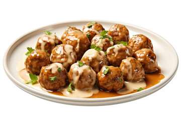 Delicious Plate of Swedish Meatballs Isolated on a Transparent Background - obrazy, fototapety, plakaty