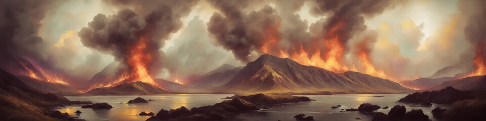Fototapeta premium Fiery Tempests and Smoky Storms in the Majestic Landscape of Rocky Mountains and Highlands.