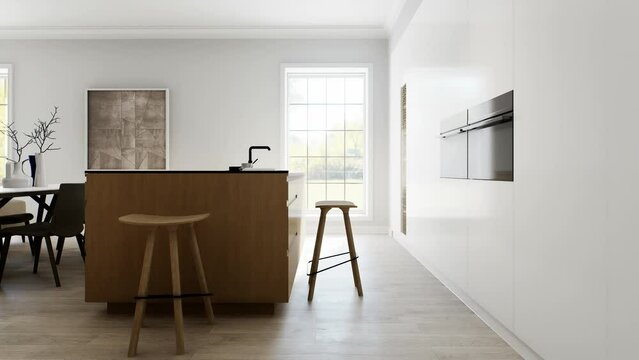 Interior of a light minimalist kitchen-studio with a wooden island. 