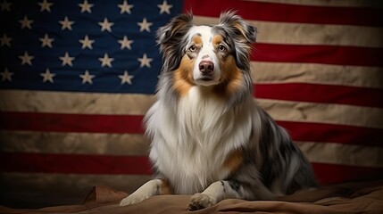 Fototapeta na wymiar Generative Ai content. Generative Ai content. Australian shepherd dog on the background of the American flag. Beautiful Aussie on Independence Day. Front view, close portrait. 4th of July.