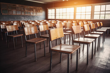 Fototapeta na wymiar Classroom with many empty chair. Generative AI