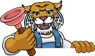 A wildcat plumber cartoon mascot holding a toilet or sink plunger peeking round a sign
