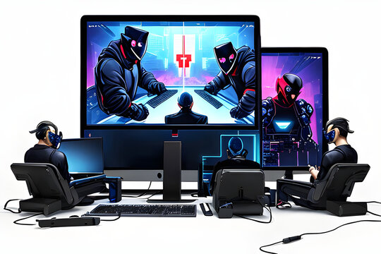 Cybersecurity professionals defend digital realms against hackers in a futuristic scene of teamwork and advanced technology.