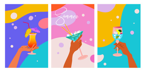 Poster set. Modern flat summer beach evening party flyer design template. Hands holding cocktail glasses on summer abstract background. Holiday poster concept and web banner. Vector illustration.