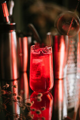 Beautiful red glowing long cocktail drink in a highball, standing among bar gear on a mirrored surface, under the neon glow, close up view  - 613829950