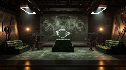 A beautiful gamer bunker background to promote products and services. War Games concept. Camouflage Style. Create with generative ai.
