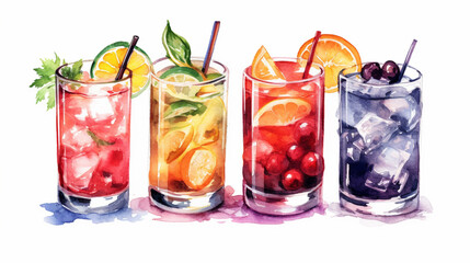 Fototapeta premium Watercolor painting of fresh fruits Summer cocktails isolated on a white background created with Generative AI technology
