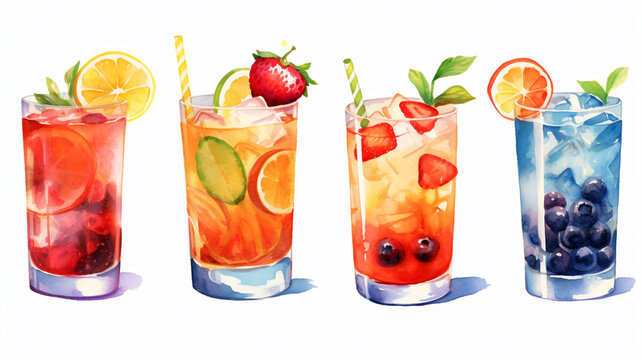Watercolor painting of fresh fruits Summer cocktails isolated on a white background created with Generative AI technology